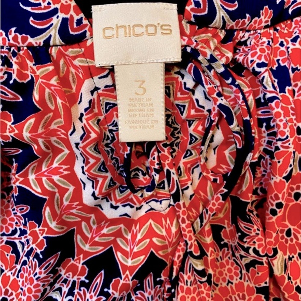Chico’s Women Floral Geo Print Dress Size 3 - Front tassels Preowned - Picture 7 of 8